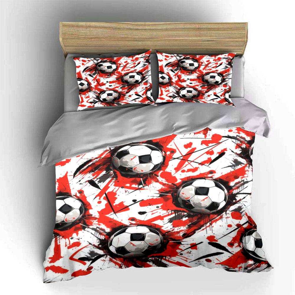 Red And Black Splash Soccer Ball Pattern 3Pcs Bedding Set Soft Microfiber Bedding Set For Football Fans Boys Bedroom