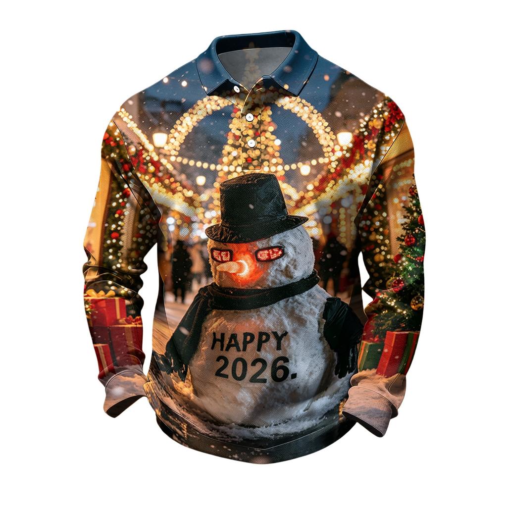 Men's Long Sleeve Golf Shirt Quick-Dry Mesh Casual Top with Christmas Print for Holiday Wear