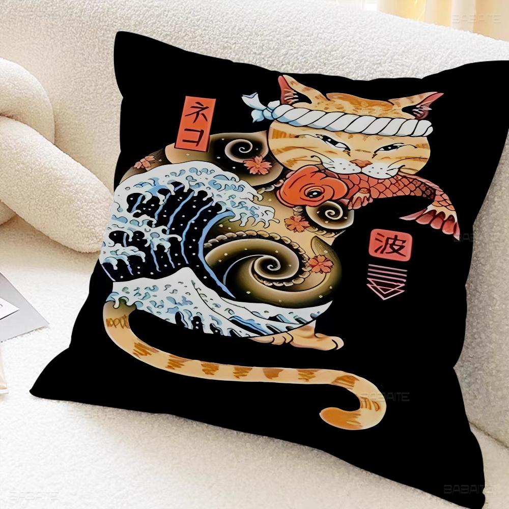 

Japan Samurai Cat Cushion Cover Pillow Cover Decor Pillowcase Printed Cushion Case For Couch 16x16Inch