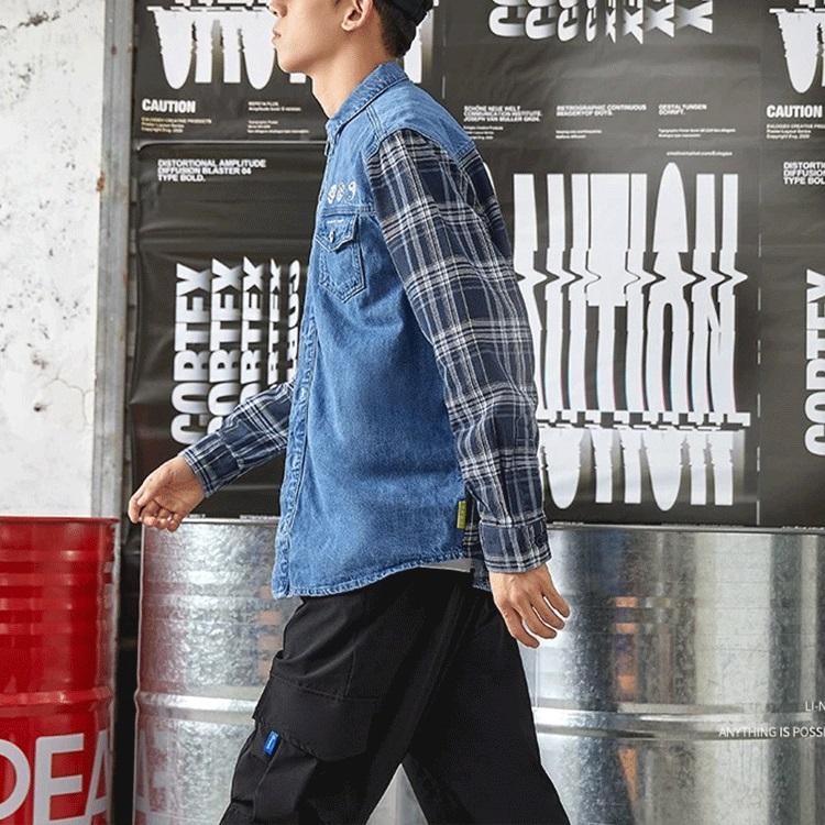 Li-Ning Loose Wash Denim Patchwork Shirt Unisex shirts Blue ASHR087-1