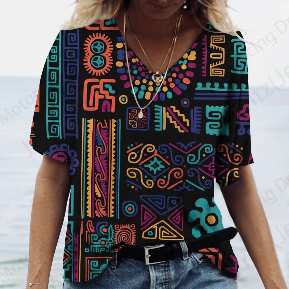 Women's T Shirt Vintage 3d Print T-shirt Women Fashion Casual V-Neck Short Sleeve Tops Tees Ethnic T Shirt Geometric Camisetas