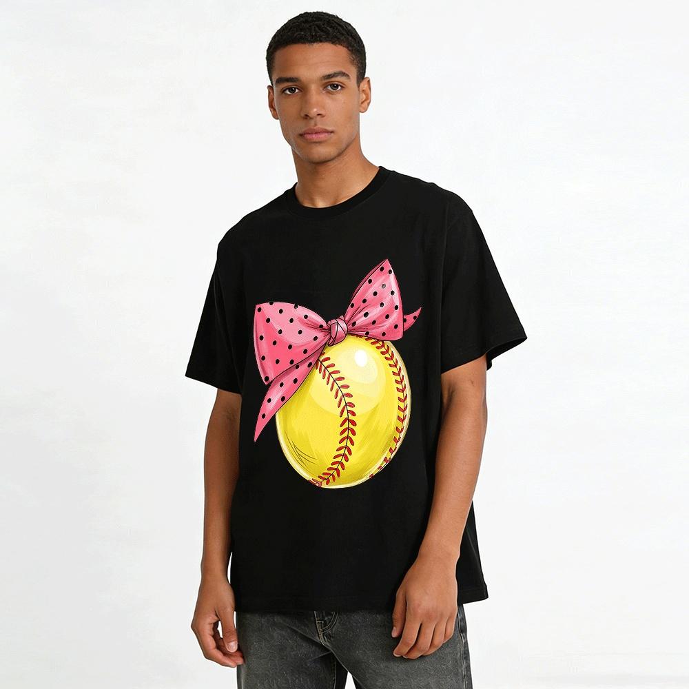 Cute Polka Dot Bow Softball Print Casual T-Shirt Pure cotton T-shirt