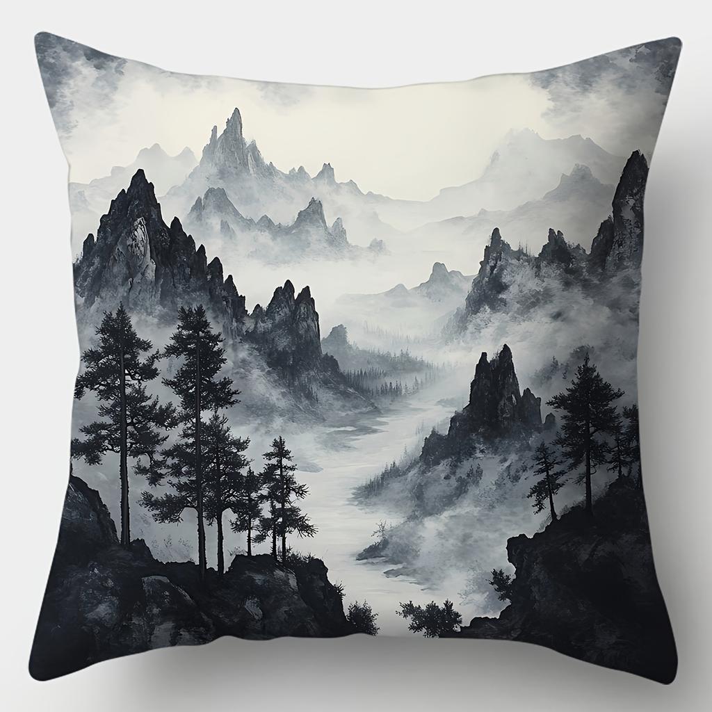 4Pcs Scenery Of Ink Mountain Single-Sided Digital Printing Pillow Cover Short Plush Suitable Living Rooms Bedrooms Sofas