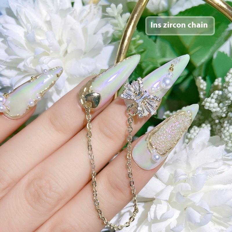 Nail Art Zircon Plated Real Gold Chain Jewelry Pearl Pendant Gold Bow Zircon Chain