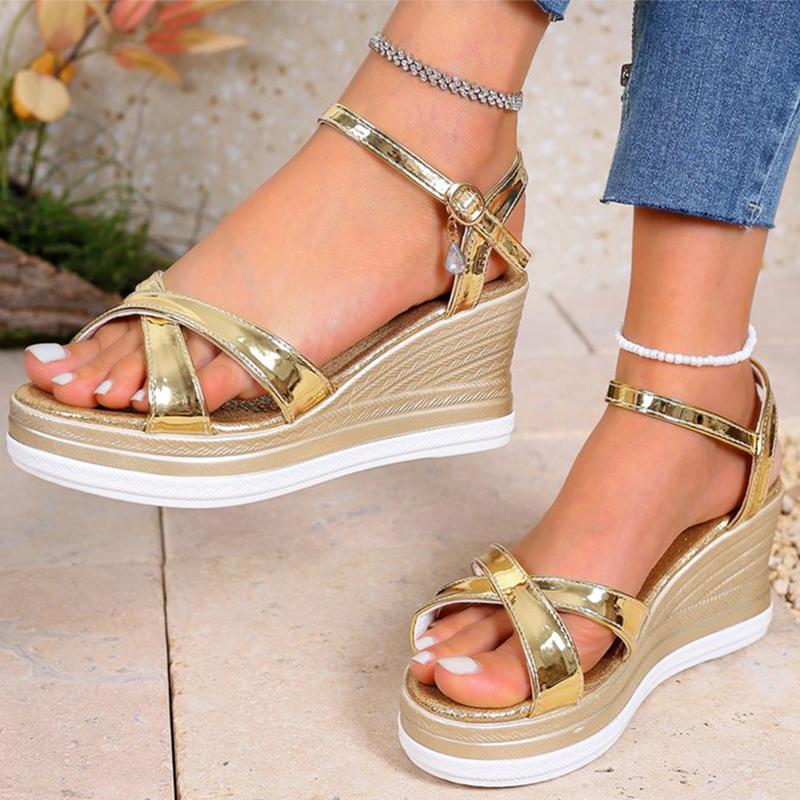 Fashion Luxury Golden Open Toe Wedge Sandals Women Summer Fashion Buckle Strap High Heel Sandals Woman Crystal Platform Women\'s Slides