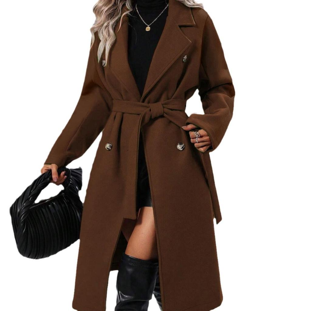 2025 Cross-Border Double-Breasted Solid Color Wool Coat with Lapel - Extra Long for Spring & Autumn