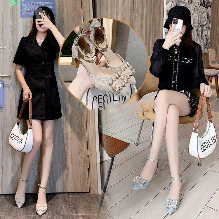 Baotou one-word buckle thick heel high heels summer 2025 new Korean version pointed buckle sandals