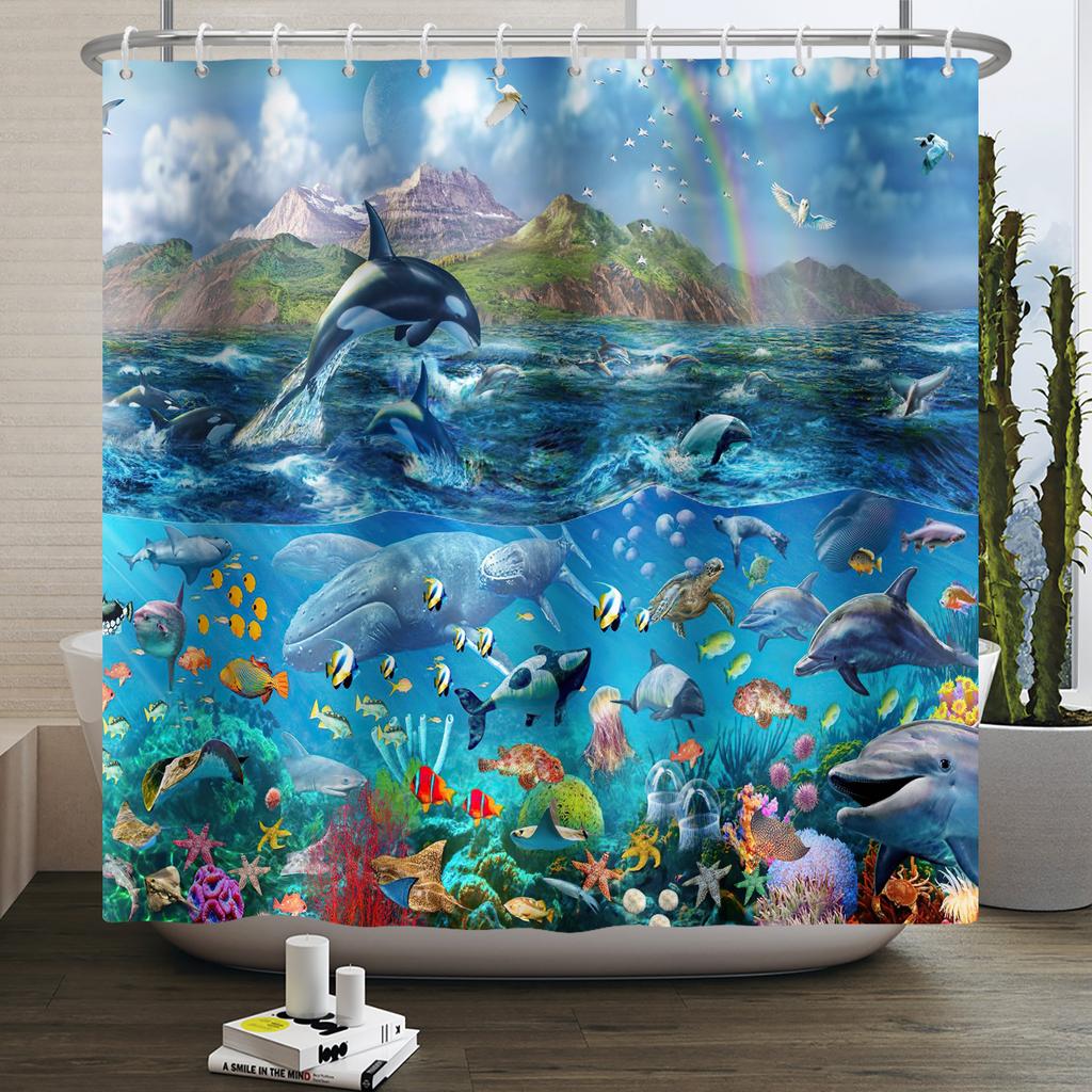 Underwater World Ocean Shower Curtain for Bathroom Seabed Animals Sea Turtle Dolphin Fish Waterproof Bathroom Curtain With Hooks