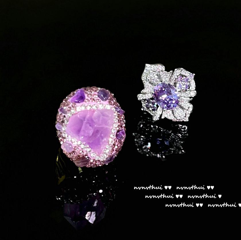 Uruguayan Purple Flower Gemstone Ring Vintage Plated 18K Gold, Tanzanian Amethyst Zircon Ring, Necklace