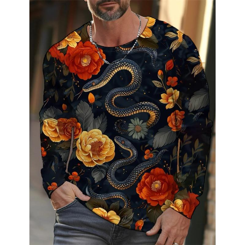 Spring and Autumn Round Neck 3D Snake Pattern Printed Top Fashionable Casual Long Sleeved Men's T-shirts