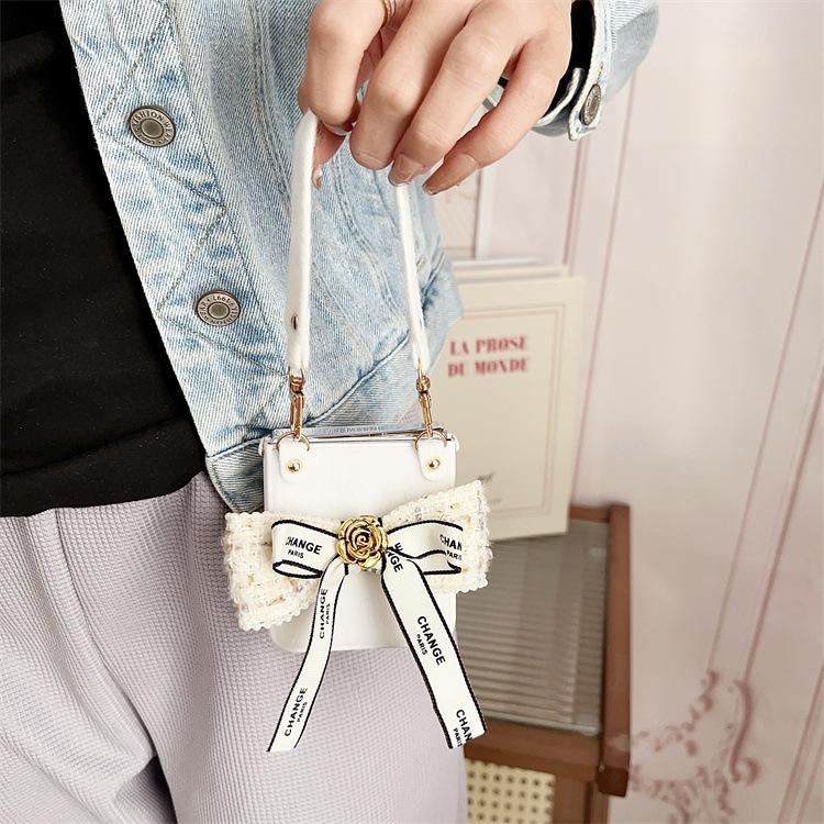 Applicable Samsung ZFlip7 mink plush phone case zflip6 bow camellia lanyard portable protective case