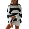 Women's Autumn New Fashion Striped Color Block Knit Sweater with Ribbed Crew Neck