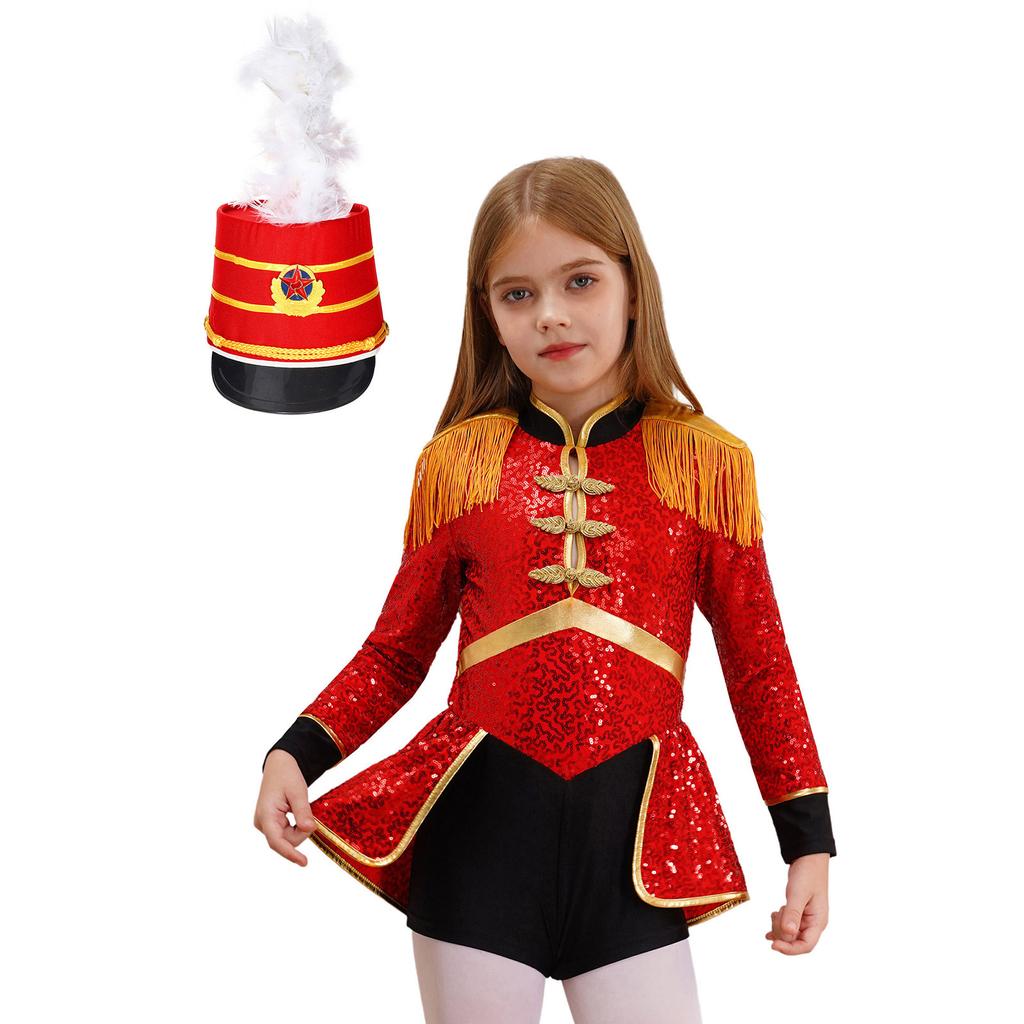 Girls Circus Drummer Costume Long Sleeve Fringe Epaulet Sequins Bodysuit Mini Top Hat Drum Accessory