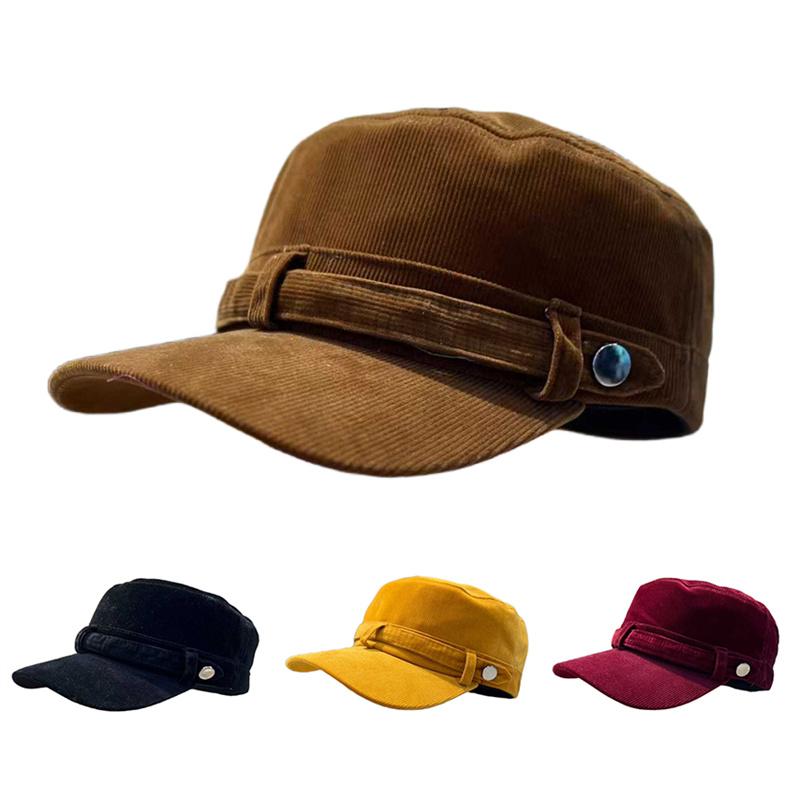 Zealous Sole Men's Brown Vintage Casual Corduroy Flat Top Hat Adjustable Military Caps Wo Solid Color Outdoor Sunhat Snapback Caps Four Seasons