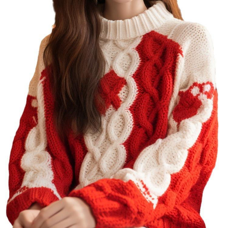 FL232636 Beautiful Red Knit Sweater for Women - Stylish and Cozy Autumn/Winter Top