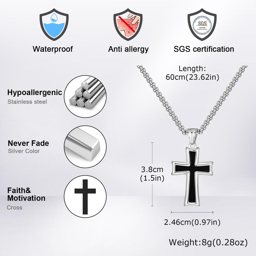 Stylish Men's Cross Necklace,Stainless Steel Silver Color Cross Pendant Necklace,Christian Religious Faith Easter Jewelry Gift