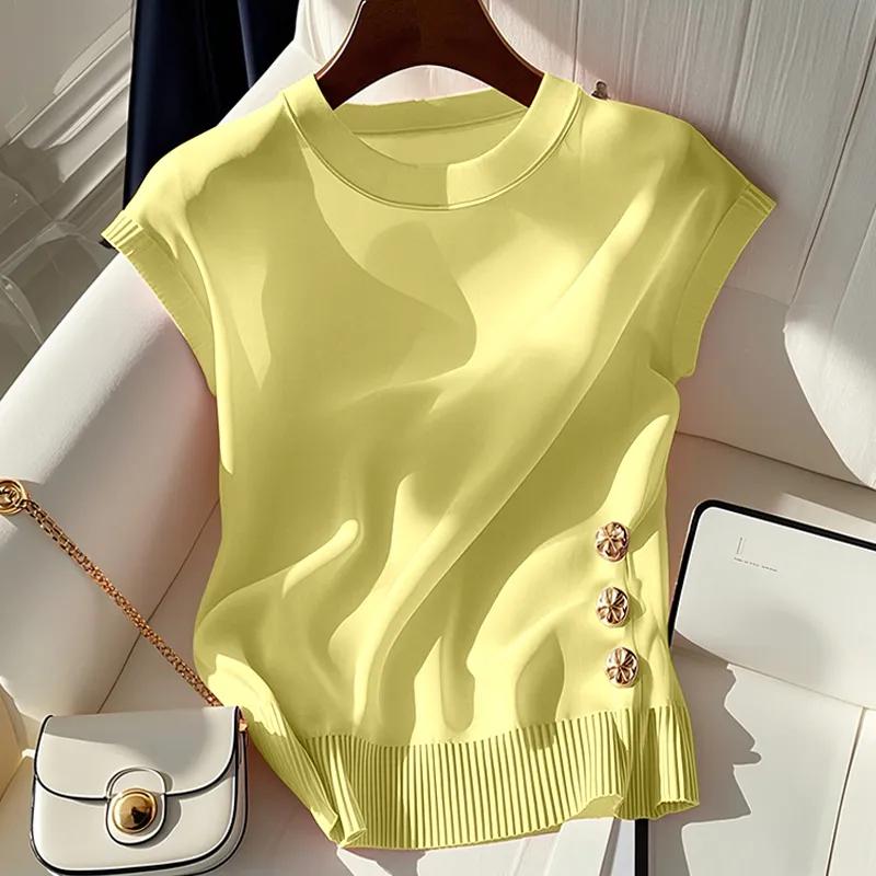French Light Luxury Style Beautiful Pink Round Neck Knitted Sleeveless T-shirt for Women In Summer Chic Age-reducing Top