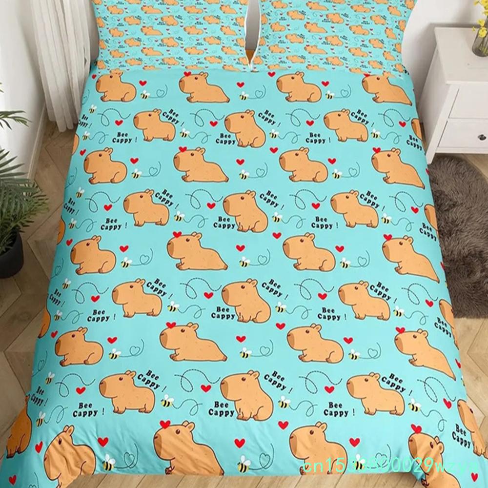 Niedliche Capybara-Druck Bettwäschesets Full Kawaii Honigbiene Bettbezug, Cartoon-Tiere Bettset Roter Liebesherz-Druck Bettbezug