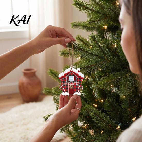 Xmas Tree Hanging Pendants 12Pcs Wooden Christmas Ornaments, Buffalo Plaid Decor with Gnome Door Window Accents Snowflake Tree, Holiday Decoration for