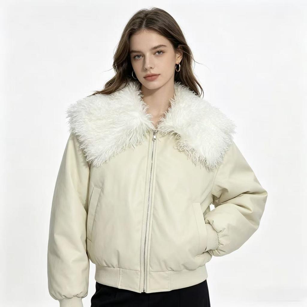 Niche cool lamb wool large lapel locomotive cotton clothes thickened padded short pu leather cotton-padded clothes winter coat