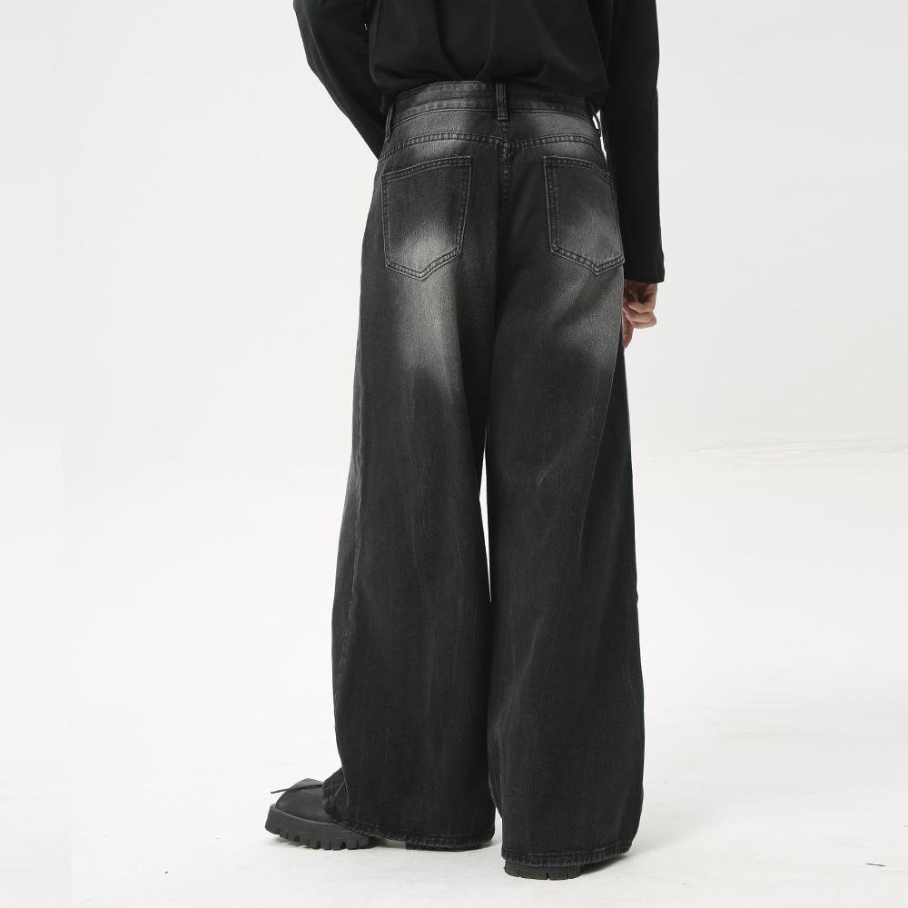 | American high street retro cat whisker washed straight loose commuter black and gray jeans
