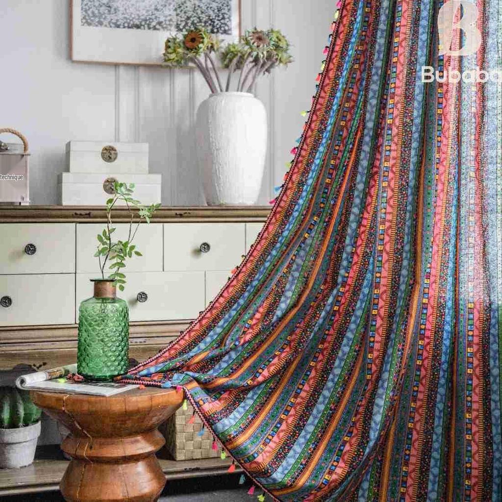 Rote Böhmische Gestreifte Baumwollleinen Vorhänge für Wohnzimmer - Retro-Stil