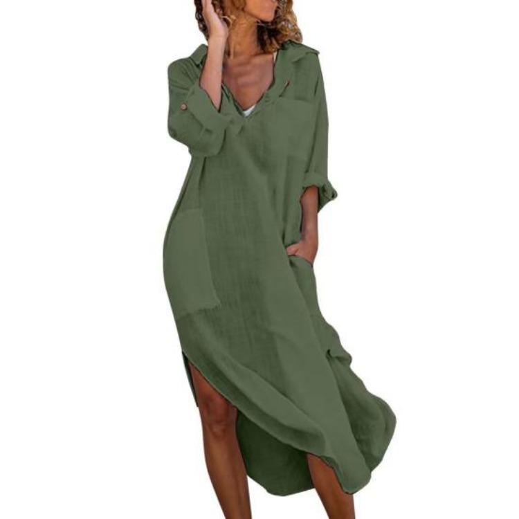 Summer Beach Dress Women Loose Fit V Neck Lapel Midi Dress Solid Color with Pockets Side Split Thin Holiday Shirt Dress