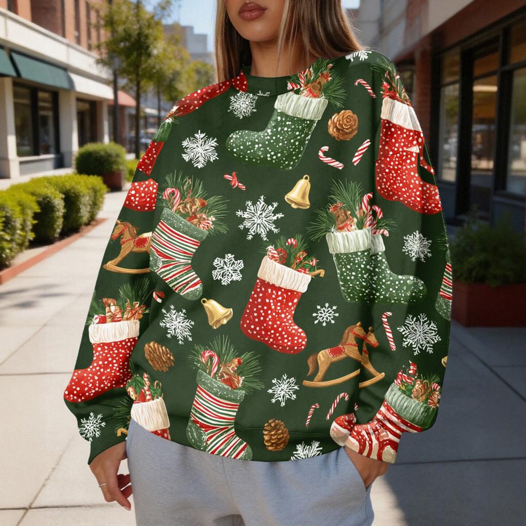 Damen Trendy Weihnachtsdruck Rundhals-Sweatshirt Leichtes Lässiges Pullover-Oberteil