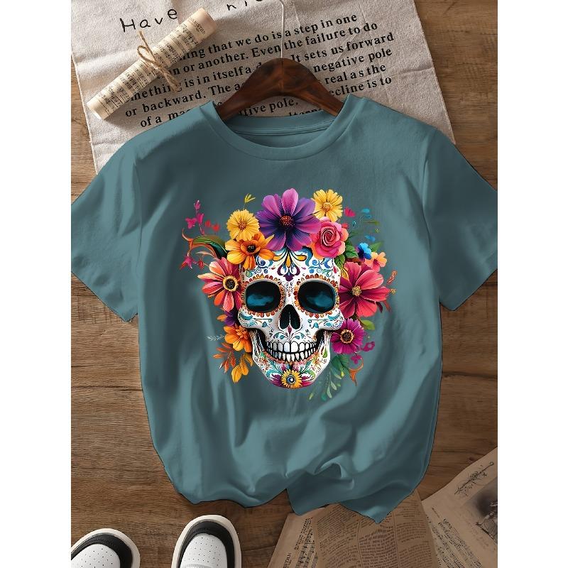 A581[Colorful Floral Skull Print Round Neck Short Sleeve T-Shirt]