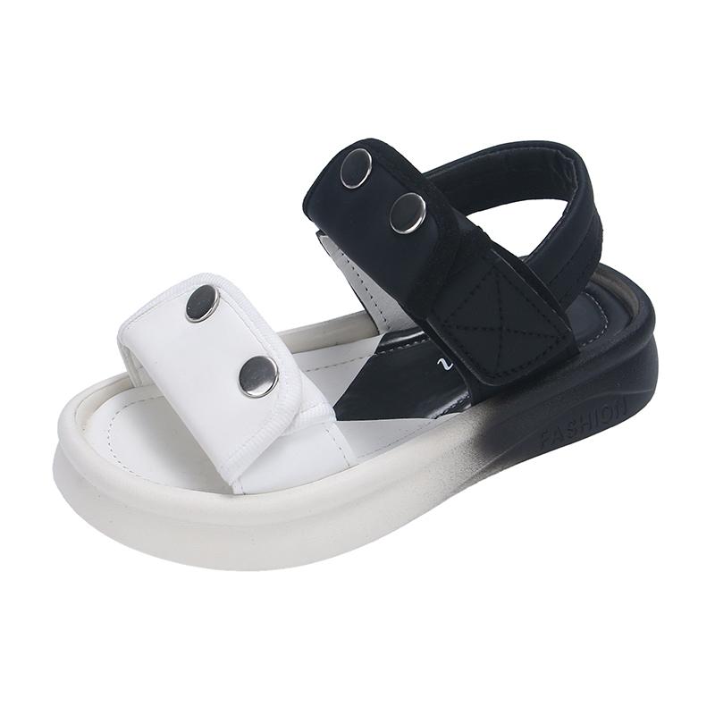 

Летняя пляжная обувь для девочек, повседневные спортивные сандалии для больших детей, детские кожаные сандалии на плоской подошве, простые цветные противоскользящие 2024 26 чёрный