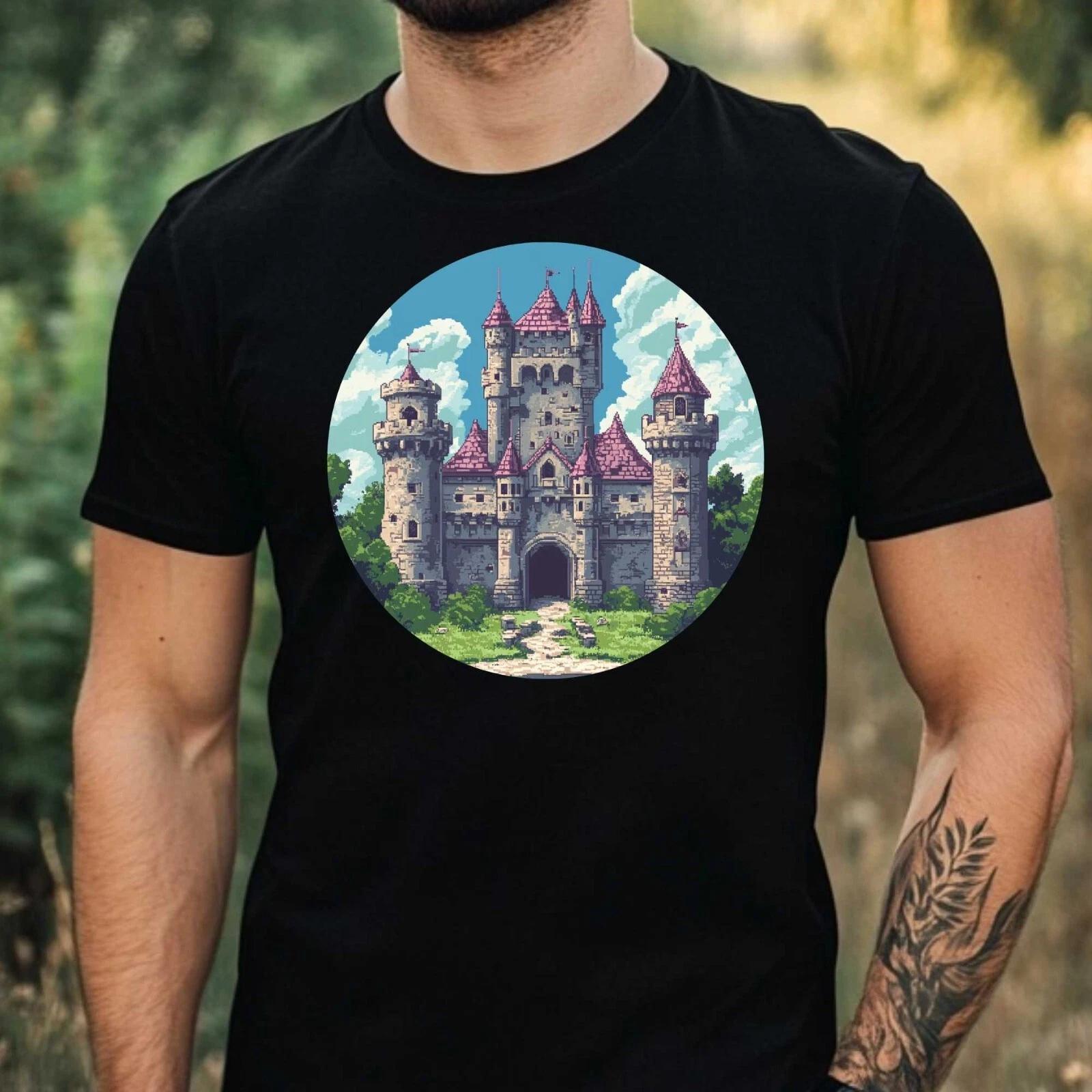 T-Shirt Herren Burg Pixel Art Motiv Baumwolle Größe XS bis 5XL XXXXL