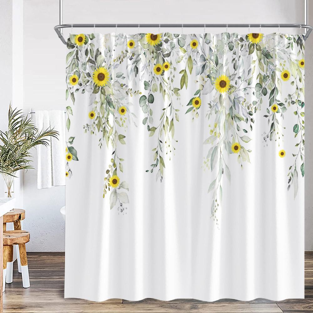 Floral Leaf Shower Curtain Green Leaves Colorful Flower Plant Nordic Bathroom Decor Modern Polyester Bath Curtain With Hook
