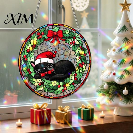 Christmas Porch Decorations 2D Acrylic Suncatcher, Stained Glass Style Black Cat Window Hanging, Colorful Holiday Ornaments Hanging Plaque with Chain
