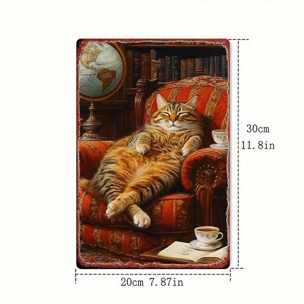 Vintage Cat in Armchair Metal Wall Art, 8x12in Rustic Iron Hanging Decor