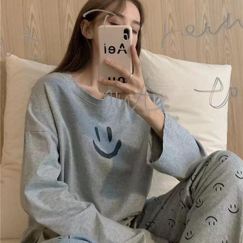 New Korean Version of The Smiley Pajamas Female Spring and Fall Long-Sleeved Women Nightwear Sports Style Sleepwear Loungewear