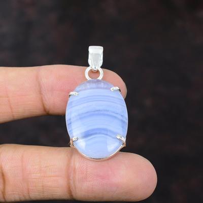 Blauer Spitzen-Achat-Anhänger, 925er Sterlingsilber-Anhänger, handgefertigter Geburtsstein-Schmuck, hochwertiger Edelstein-Anhänger, Geschenk für Freundin, Silberschmuck