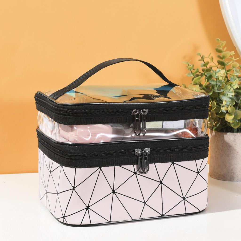 Women's Large PU Leather Double-Layer Makeup and Toiletry Bag - Portable & Multifunctional Lipstick Storage