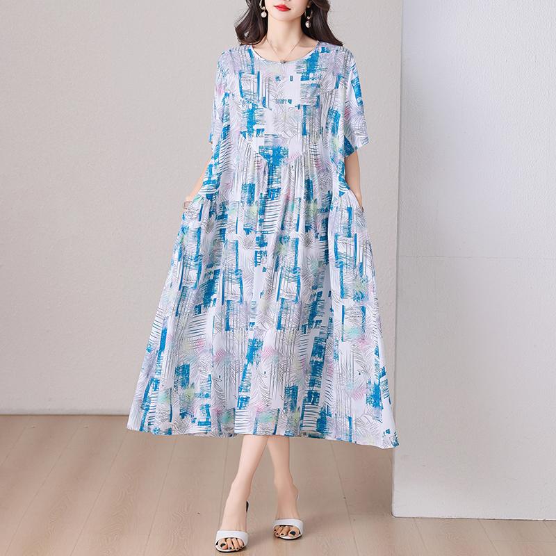 Şık Kadın Yazlık Elbise Büyük Beden Günlük Kısa Kollu Vintage Bol Uzun Elbise Yazlık Giyim