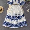 Summer Beach Leopard Print Miyake Oversized Dress Women Clothing Flare Sleeve Belt Big Swing Pleated Loose Long Robe