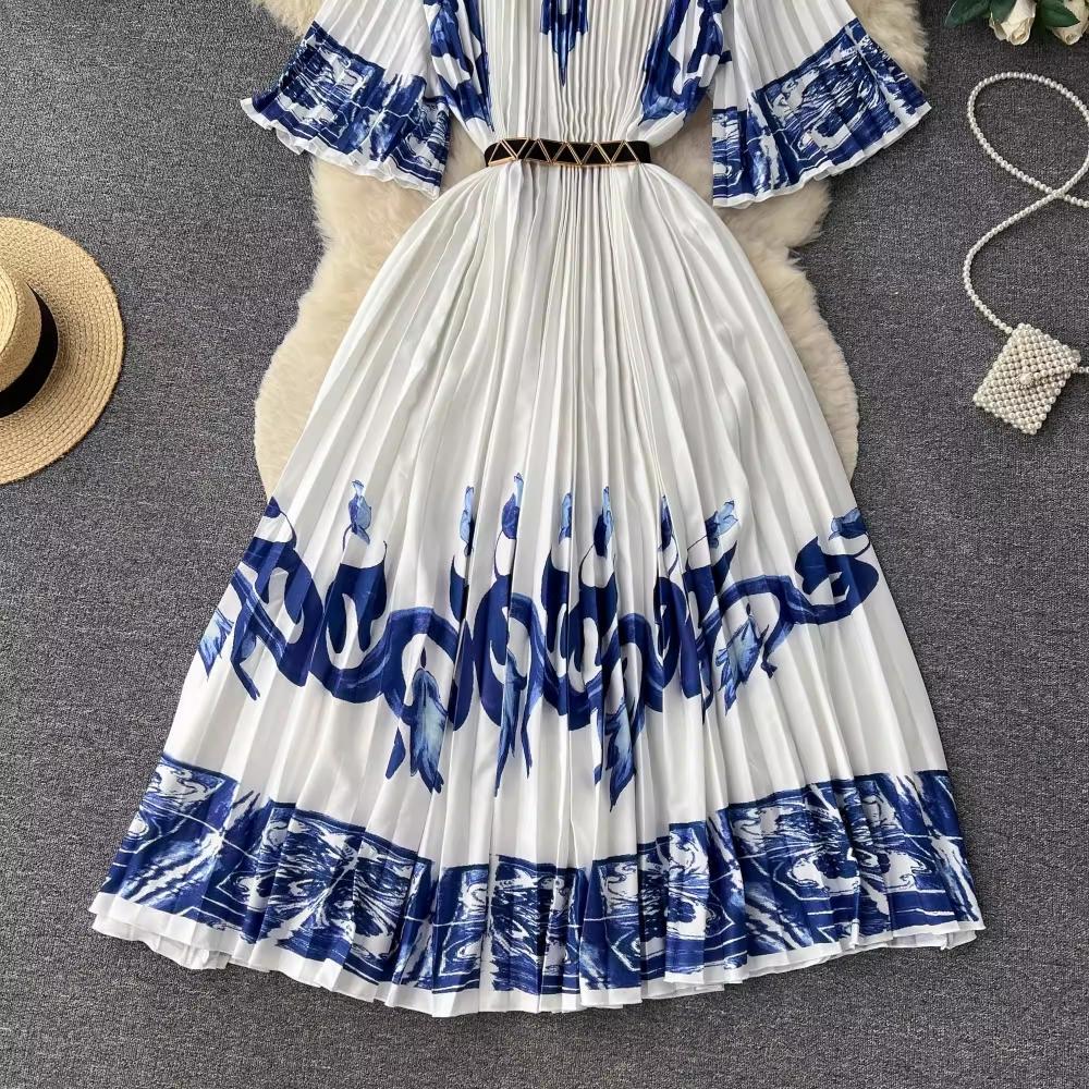 Summer Beach Leopard Print Miyake Oversized Dress Women Clothing Flare Sleeve Belt Big Swing Pleated Loose Long Robe