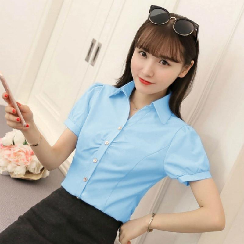 Womens Business Shirt Vneck Short Sleeve Cotton Blouse Office Wear For Spring Seasons