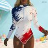 Women Plus Size High Neck Front Zip Long Sleeve One Piece Firework Printed Swimsuit Dark Navy