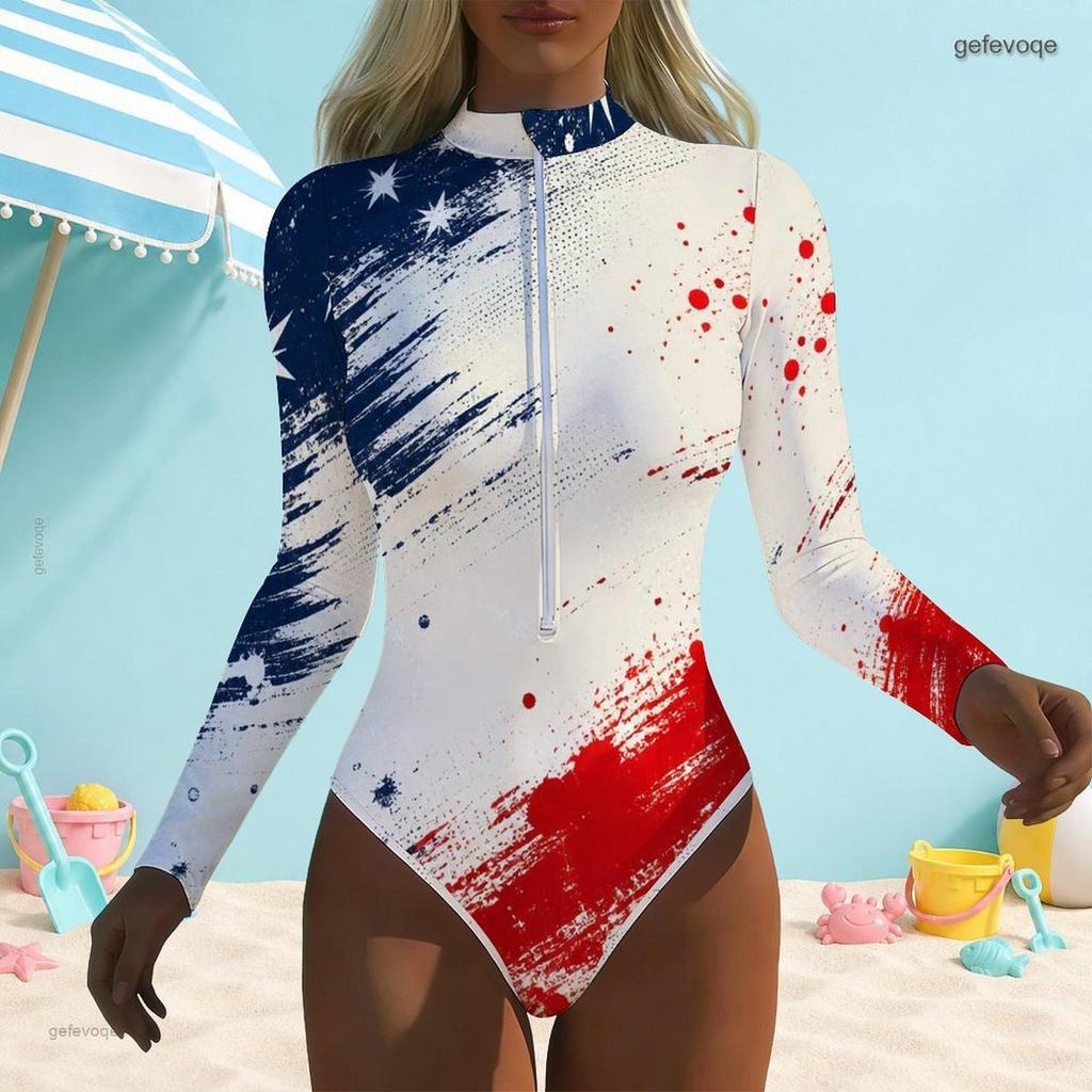 Women Plus Size High Neck Front Zip Long Sleeve One Piece Firework Printed Swimsuit Dark Navy