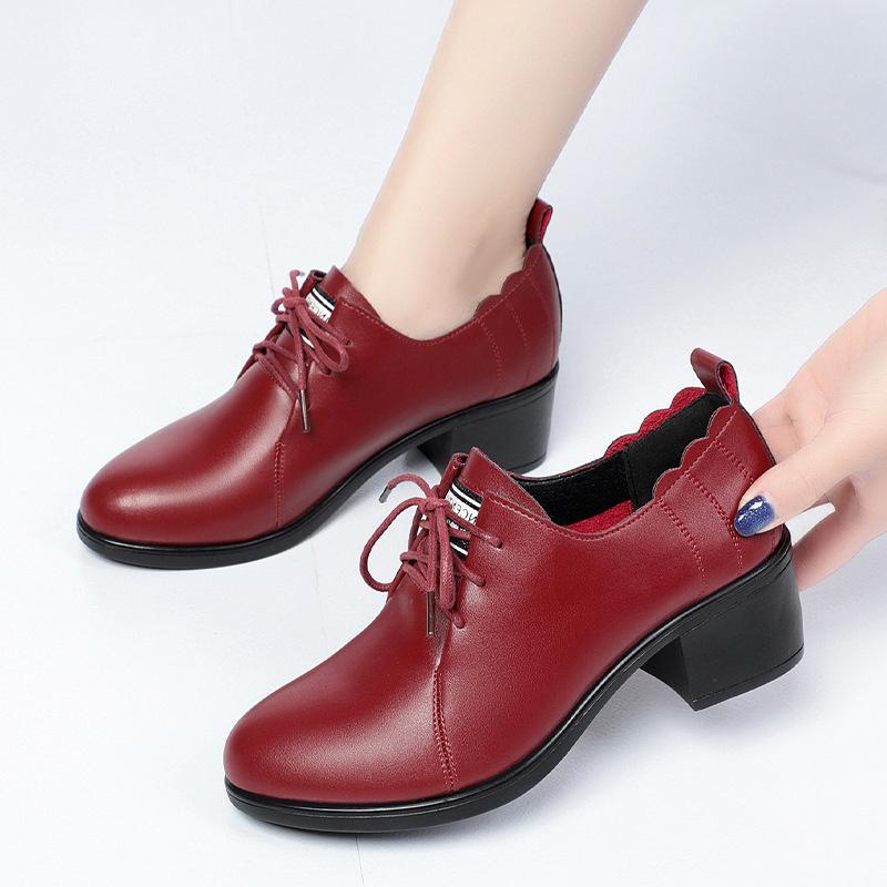 Spring Autumn Deep Mouth New Fashion Casual Women's Solid Shoes Lace Up Round Toe Chunky Heel  Soft Leather Soft Bottom Shoes