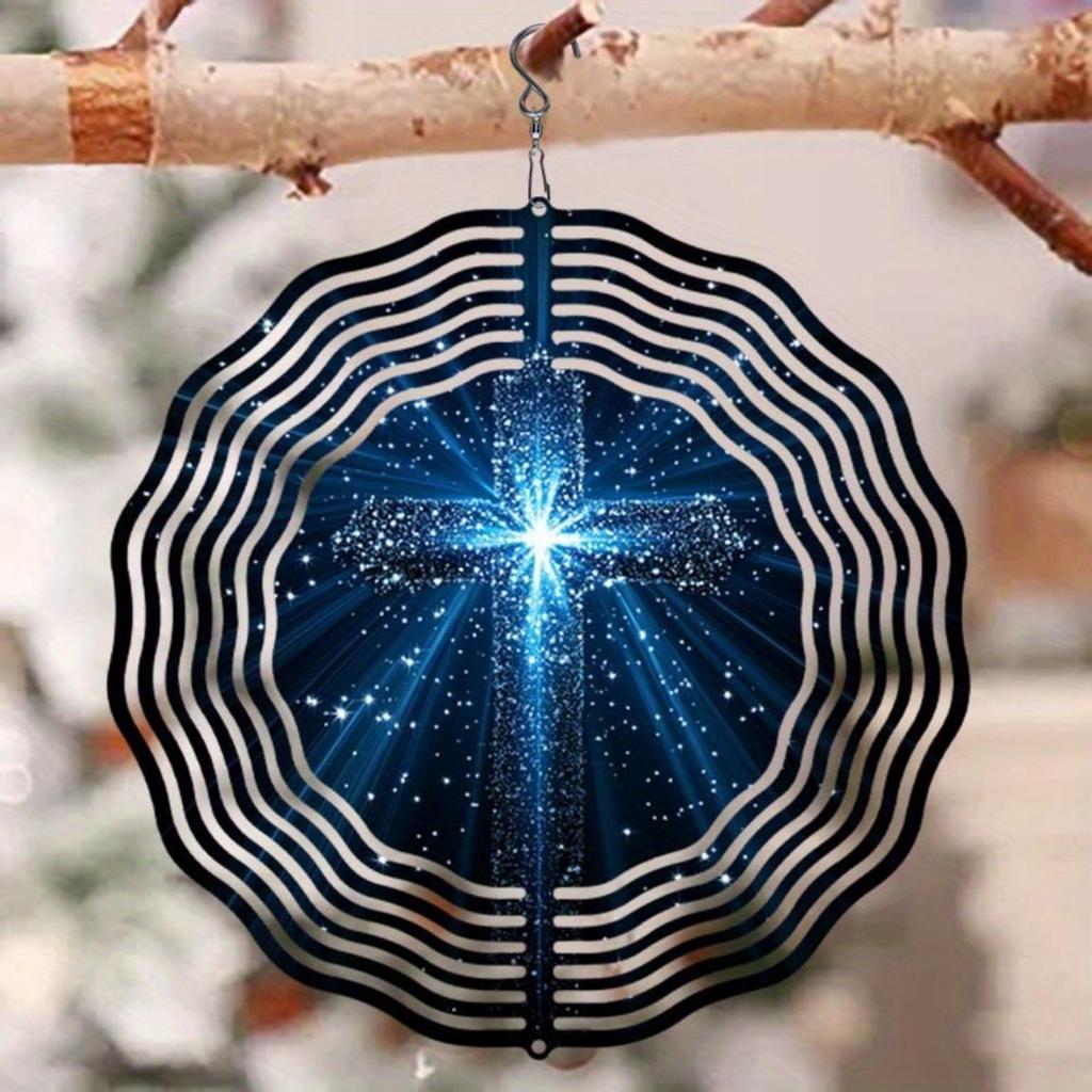 Starry Sky Blue Light Cross Pattern Wind Rotating Chime Metal Hanging Ornament for Yard Balcony Window Outdoor Decor Gift