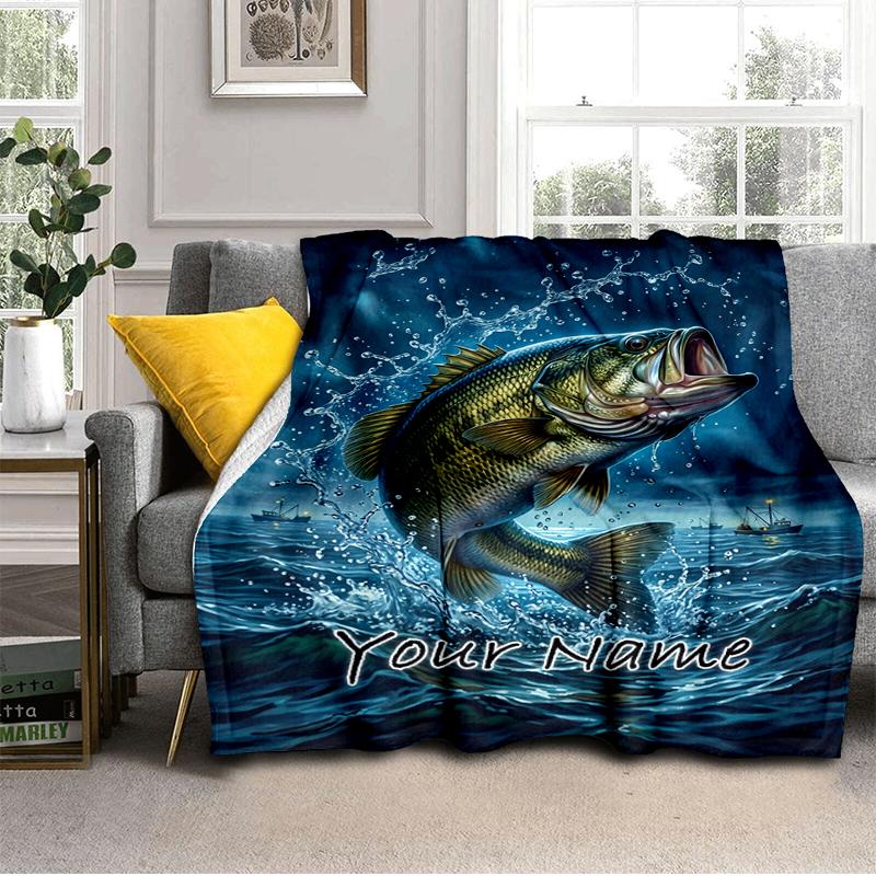 1PC Custom Name Largemouth Bass Adventure Blanket Versatile,all-season Throw Suitable for the Living Room,bedroom,camping,travel,and Gift