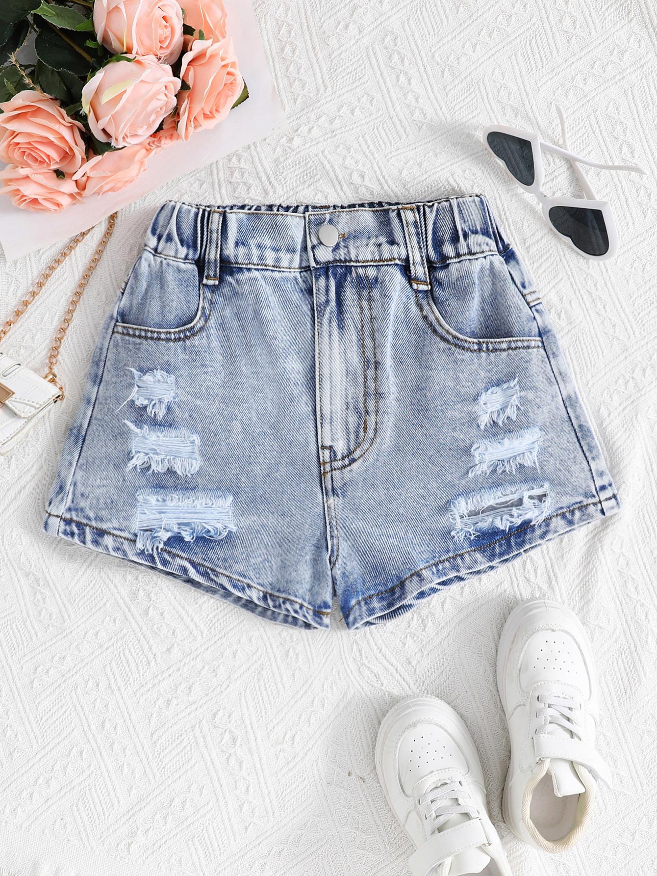 Girls Casual Distressed Washed Denim Shorts – Summer Style (Single Item) 120 светло-синий