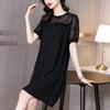 Women's Black Short-Sleeve Chiffon Dress - Summer 2026, Slimming Plus Size, Elegant Middle-Aged Style