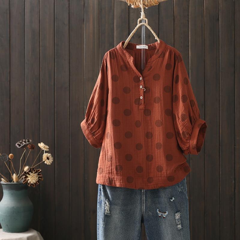 Autumn Double-layer Cotton Yarn Blouses & Shirts Printed Plus Size Shirt Loose Five Quarter Sleeve Stand Up Collar Top Cotton Yarn Shirt