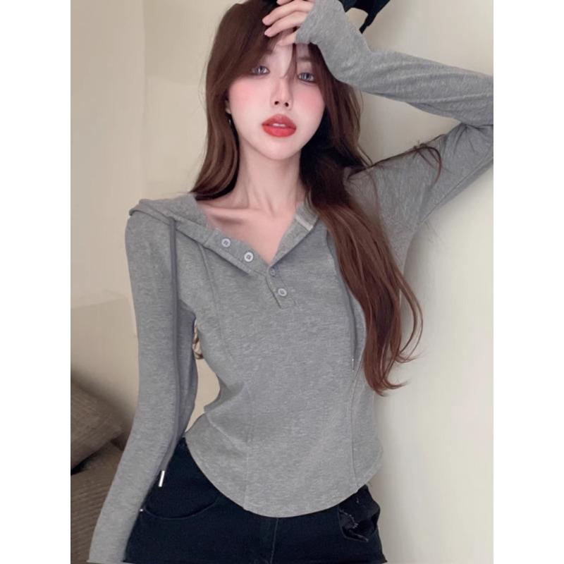 

Большой размер, прикрывающий живот, нестандартная рубашка с капюшоном, женская, весна и осень, Fat Sister Pure Desire Wind Slim, топ с длинными рукавами XXL серый